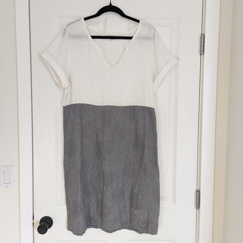 Lina Tomei 100% Linen Short Sleeve Colorblock Dress White & Grey Size L